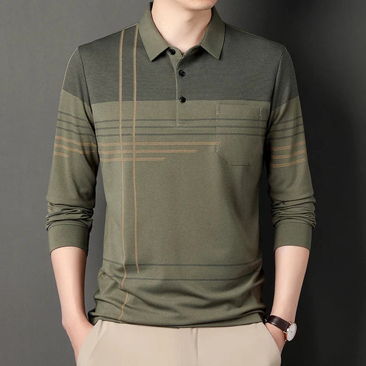 Premium Olive Linear-Design Long-Sleeve Polo T-Shirt