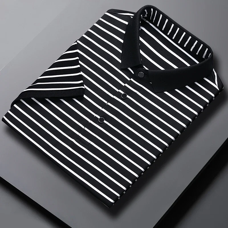 Classic Black & White Striped Polo T-Shirt