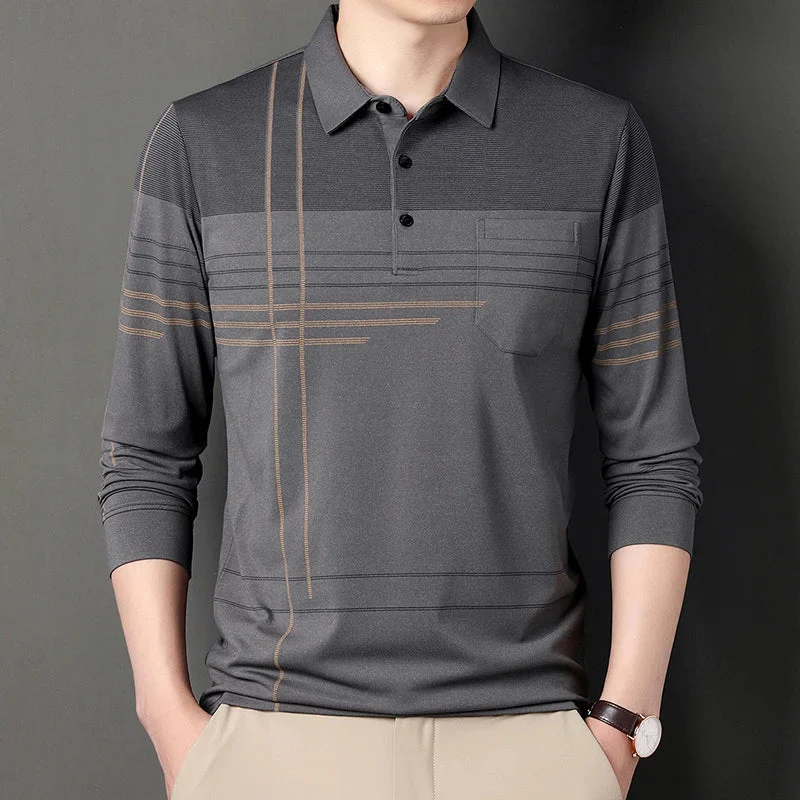 Premium Olive Linear-Design Long-Sleeve Polo T-Shirt