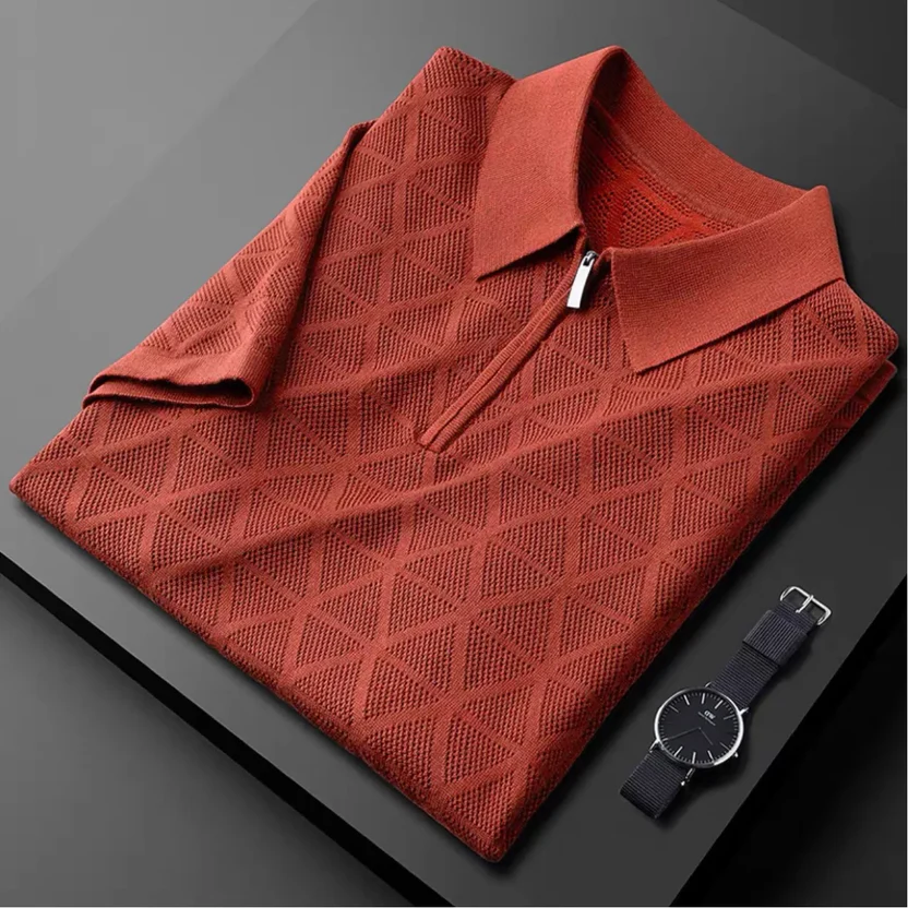 Premium Textured Zip-Collar Knit Polo T-Shirt