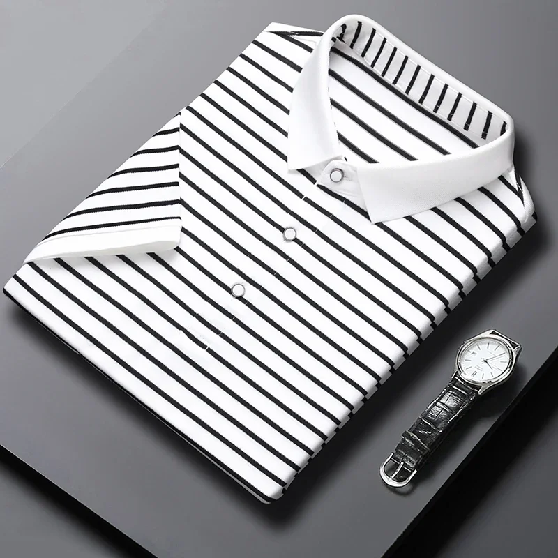 Classic Black & White Striped Polo T-Shirt