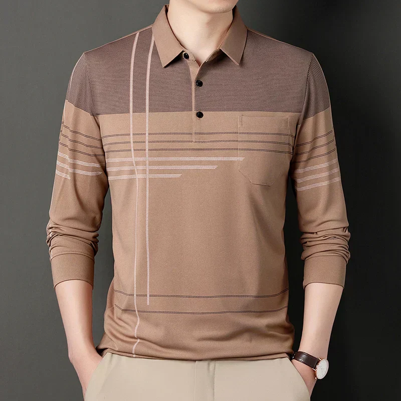 Premium Olive Linear-Design Long-Sleeve Polo T-Shirt