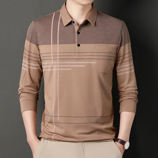 Premium Olive Linear-Design Long-Sleeve Polo T-Shirt